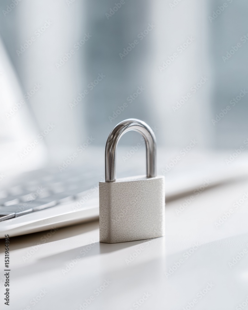 Fototapeta premium Minimalistic Scandinavian Workspace with Strong Password Security Concept Featuring Metal Padlock and Keyboard for Digital Safety Awareness