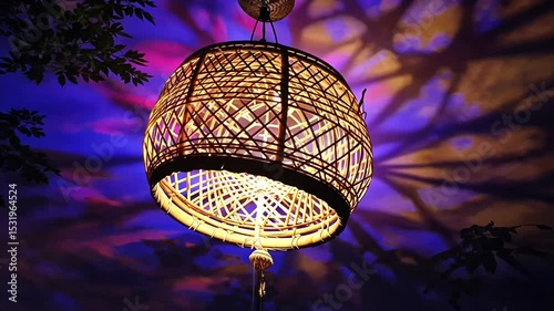A beautifully crafted woven lamp casting colorful shadows on a wall in an artistic setting