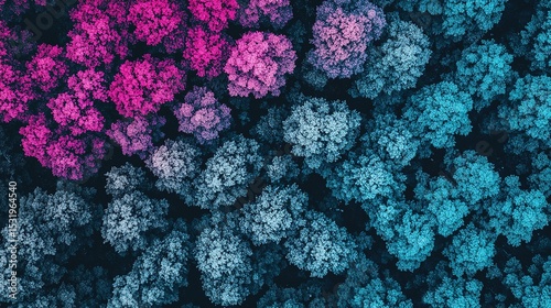 Aerial view of a forest with trees colored in vibrant pink, blue, and white hues, creating a surreal and artistic landscape.