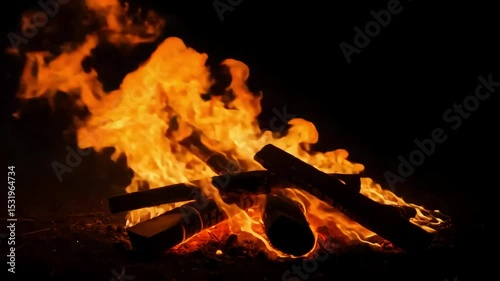 Flickering Campfire Burning Brightly at Night with Rising Flames and Sparks