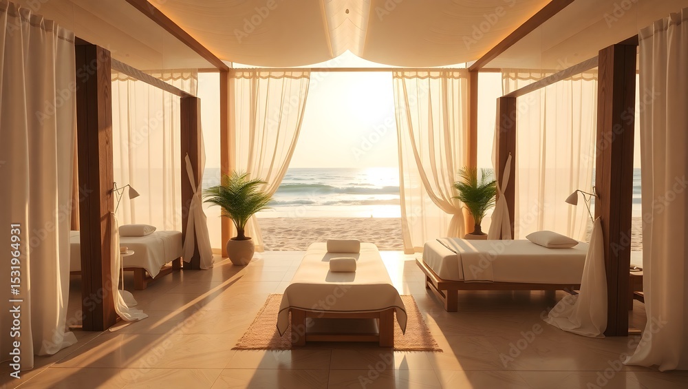 Obraz premium A luxury spa by the beach, with open-air treatment rooms, billowing white curtains, and the sound of waves