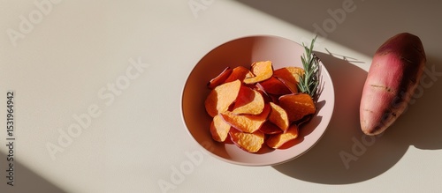Crispy sweet potato chips with fresh rosemary and whole sweet potato on a white background