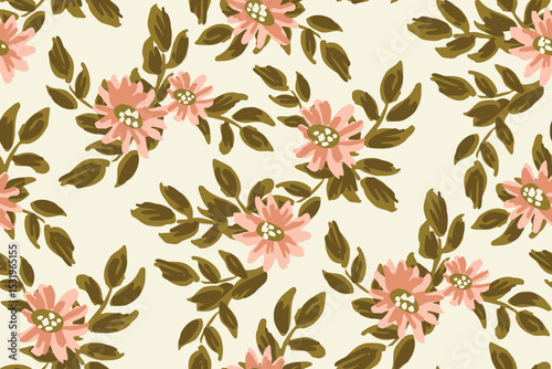 Pretty flowers and leaves scattered, forming an abstract botanical pattern in colors of pink, green on off white background. Floral seamless vector pattern. Great for home decor, fabric, wallpaper.