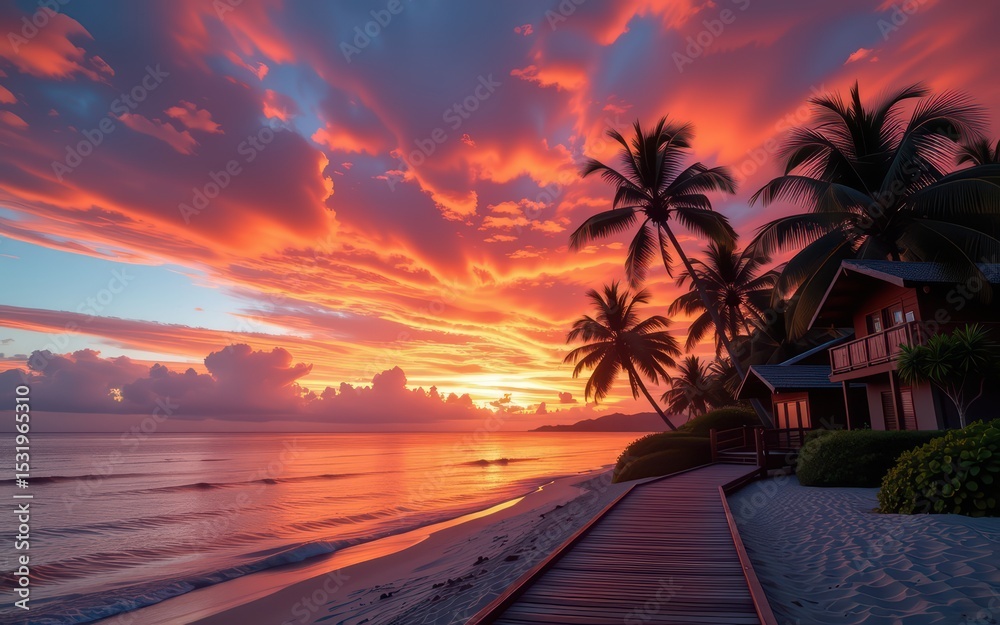Fototapeta premium Vibrant sunset over a beach with palm trees and a wooden path.