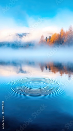 Serene Sunrise Over Foggy Lake with Golden Mist and Mountain Reflection