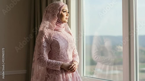 Young Woman Wearing Elegant Pink Lace Dress and Hijab Looking Out Window in Bright Indoor Space