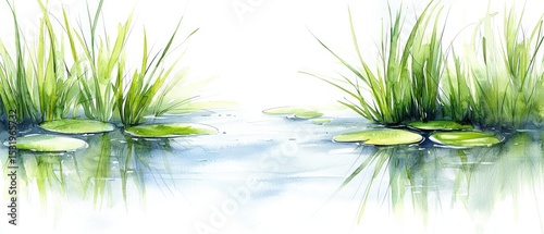 Serene Wetland Landscape with Green Reeds and Lily Pads