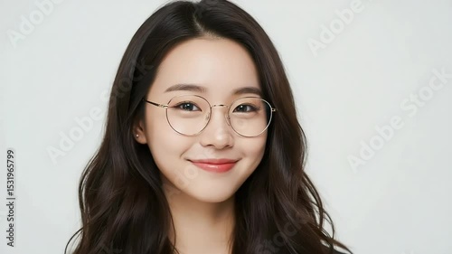 Young Woman with Glasses Smiling Confidently Facing Camera in Bright Indoor Setting