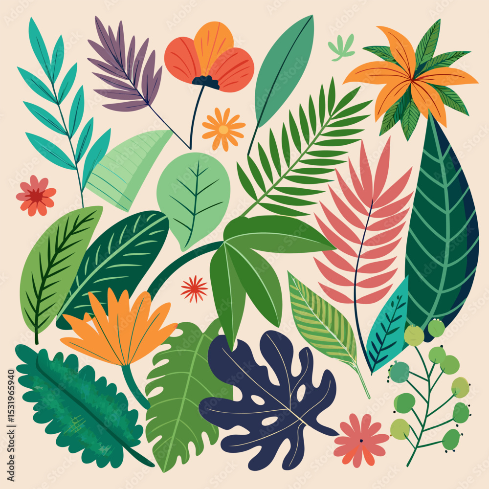 Fototapeta premium Tropical Paradise. A vibrant collection of exotic flowers and lush leaves