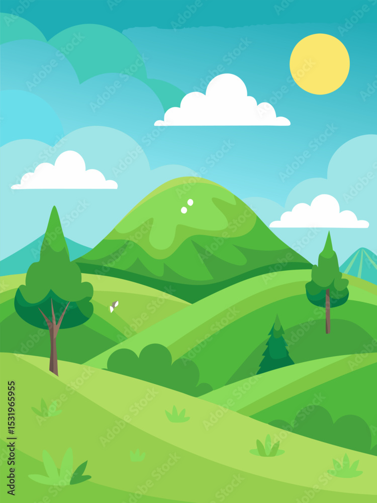 Fototapeta premium Serene Green Hills Landscape. Sunny Day Countryside View