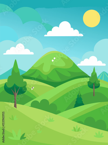 Serene Green Hills Landscape. Sunny Day Countryside View