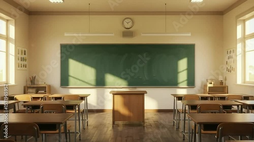 Empty Classroom with Sunlight Streaming Through Windows and Chalkboard Centered in Bright Educational Setting