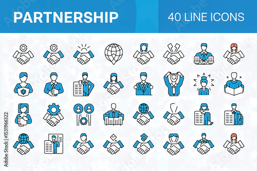 Partnership Icon Set: An array of 40 detailed line icons that encapsulate the essence of partnership and collaboration, ready for diverse design applications.