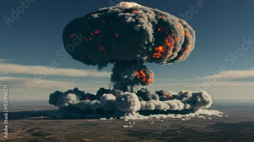 Massive Explosion with Fire and Smoke Cloud Erupting Over Open Land in High-Definition Footage