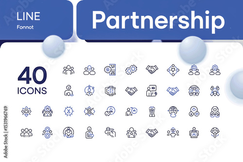 Partnership Icon Set: A clean, modern collection of 40 line icons symbolizing partnership, collaboration, and teamwork in business and professional contexts.