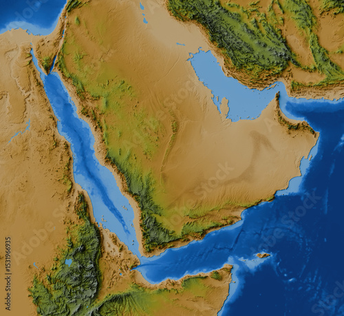 Obraz na plátně Colored terrain and bathymetry map of Arabian Peninsula (Saudi Arabia, Red Sea,
