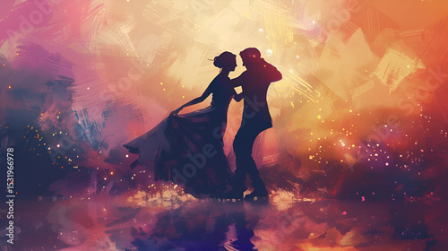 Couple in ballroom dancing costumes standing in dance pose Dance Teacher with Pupil teaching Ballroom Dancing Town Young ballroom dancing couple holding hand's rear view, Generative AI