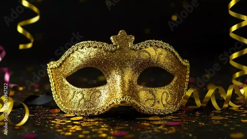 Golden Glitter Mask Resting on Black Surface with Confetti and Ribbon Decorations for Celebration or Party Scenes