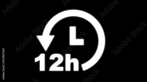 12 hours clock with circle arrow. Clock timer, time passage waiting time animation (4K) | 12 hours clock icon with moving arrows in 12 hour loop. Stopwatch animation.