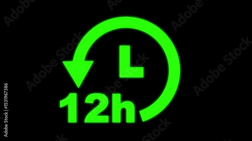 12 hours clock with circle arrow. Clock timer, time passage waiting time animation (4K) | 12 hours clock icon with moving arrows in 12 hour loop. Stopwatch animation.