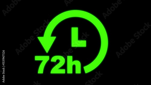 72 hours clock with circle arrow. Clock timer, time passage waiting time animation (4K) | 72 hours clock icon with moving arrows in 72 hour loop. Stopwatch animation.