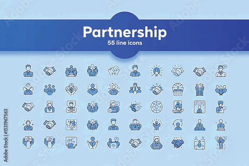 Partnership Icon Set: A comprehensive collection of sleek, minimalist icons representing collaboration, agreement, and alliance in a digital design format.