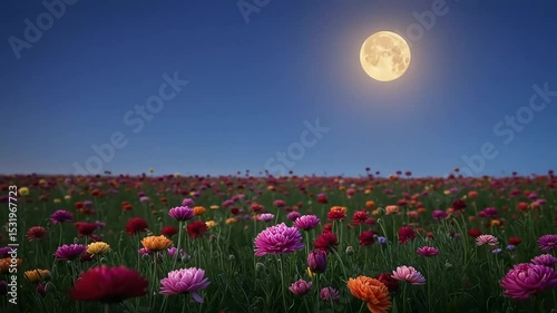 Blooming Flower Field Under Bright Full Moon During Night with Vibrant Colors and Clear Sky
