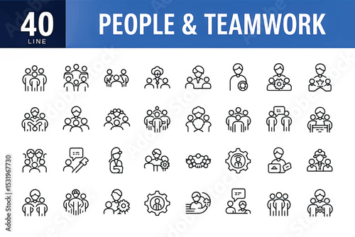 Teamwork Icons: Collection of 40 Line Icons for People & Teamwork depicting collaboration, group dynamics, and unity within a business environment.