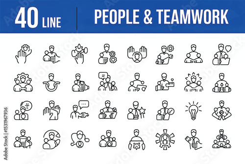 Line icons: People & Teamwork Illustration: A captivating collection of 40 line icons representing people and teamwork concepts, meticulously designed to convey collaboration, communication.