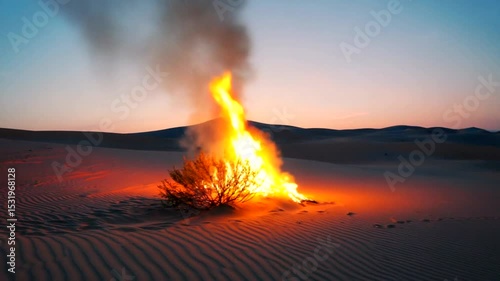 A mesmerizing desert scene at dusk with a bush engulfed in flames, casting an orange glow