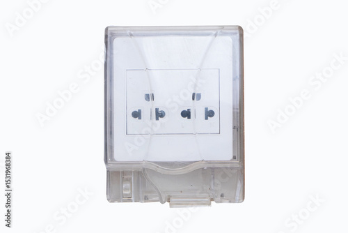 Box white electrical power switch off, on, plug energy with plastic pipe wiring. Covered with clear plastic isolated on cutout PNG or transparent background. Turning Off Light switch safety technology