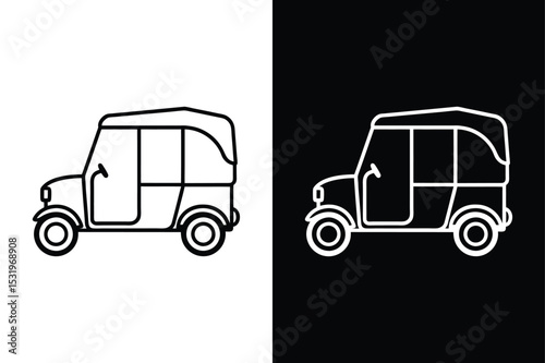 Auto Rickshaw Tuk Tuk Outline. Vector Icon for Web Use, Travel Apps, and Transportation UI in Black White