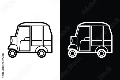 Auto Rickshaw Vector Outline Icon. Tuk Tuk Symbol for Travel and Transportation Design on Black White Background