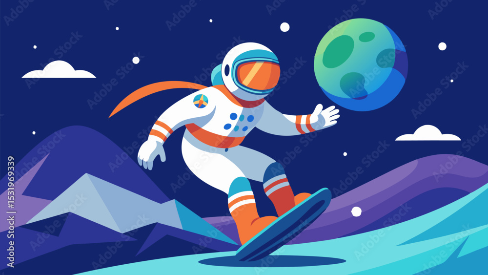 Naklejka premium Astronaut Snowboarding in Space. A Cosmic Winter Adventure