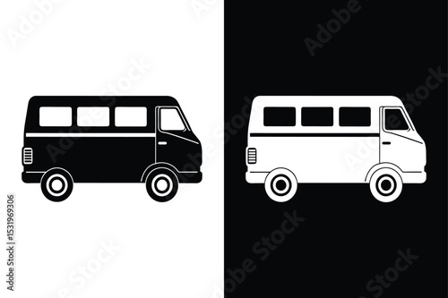 Black Silhouette Delivery Van Icon. Small Cargo Truck and Minibus Vector Illustration for Transport Graphics