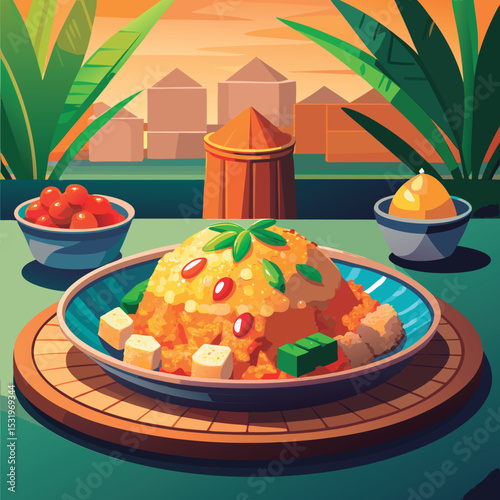 Delicious rice dish with vibrant toppings.