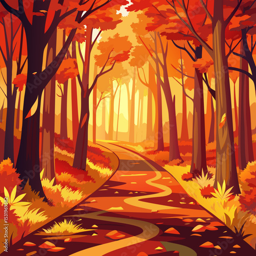 Autumnal Forest Path. A Scenic Journey Through Vibrant Fall Colors