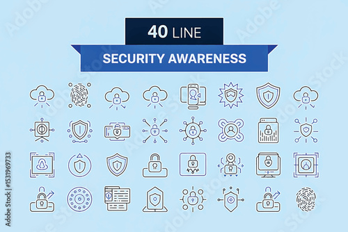 Security Awareness Icons: Forty minimalist outline icons depicting security awareness concepts, presented in a clean, linear style on light blue.