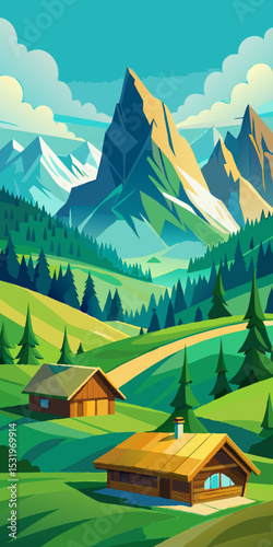 Majestic Alpine Landscape. Picturesque Mountain View with Cozy Cabins