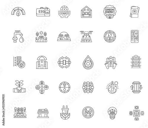 Climate action plan collection icons show eco friendly solutions and sustainable energy concepts