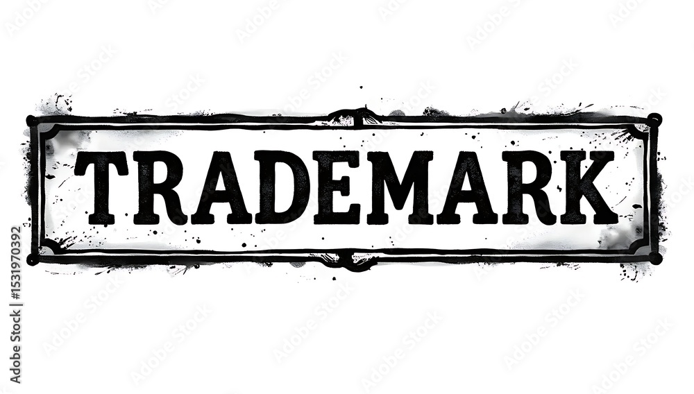 Fototapeta premium Black “TRADEMARK” ink stamp in typewriter-style font on a rectangular banner, slightly tilted with distressed inking, placed on a white background. 