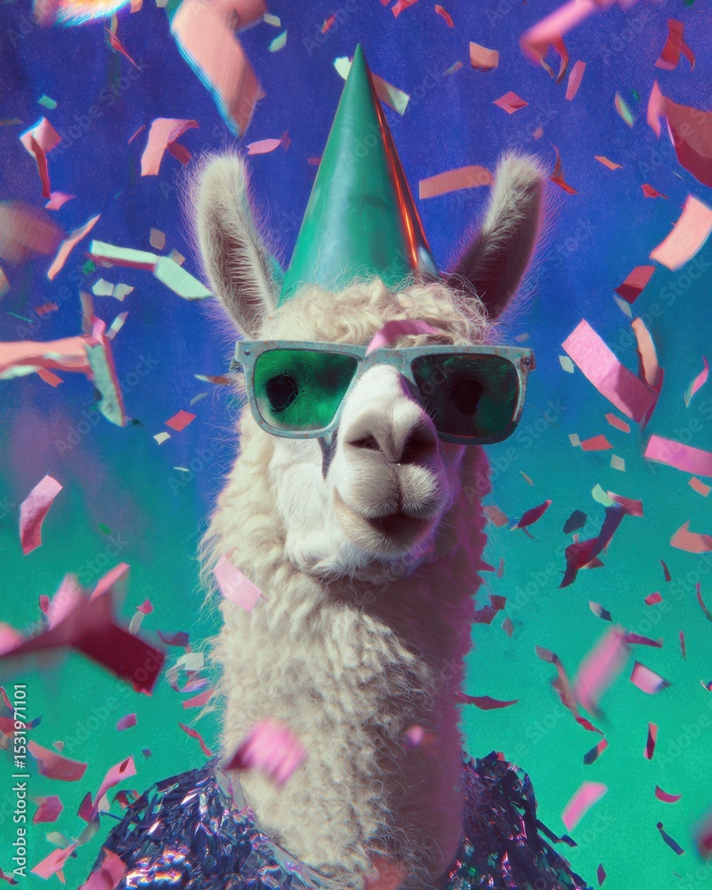 Obraz premium National Blame Someone Else Day Llama in Party Hat and Sunglasses with Confetti Celebrating April Fools Day and Spring Sales Event Fun