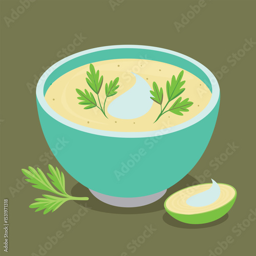 Creamy soup in a teal bowl.