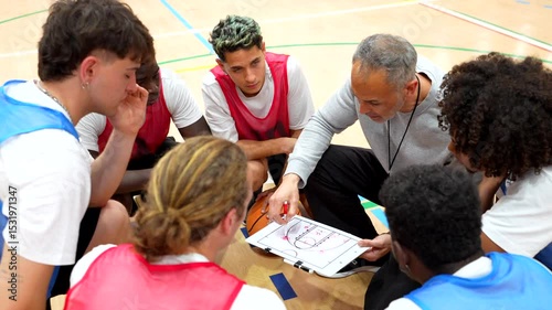 Basketball coach explaining strategy to team