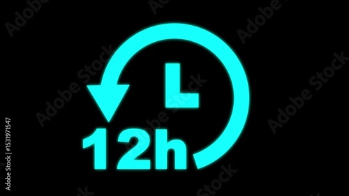 12 hours clock with circle arrow. Clock timer, time passage waiting time animation (4K) | 12 hours clock icon with moving arrows in 12 hour loop. Stopwatch animation.