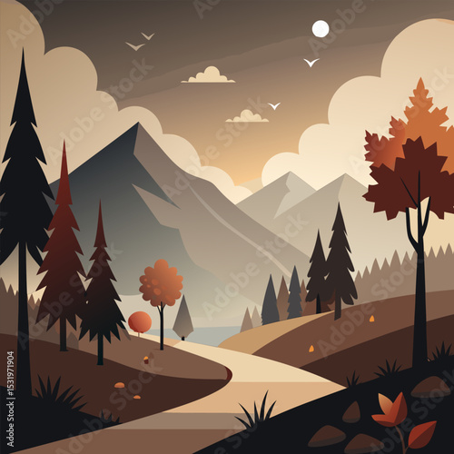 Autumn Mountain Road. A Serene Landscape Painting