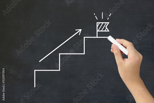 旗の建てられたステップを黒板に描く子どもの手