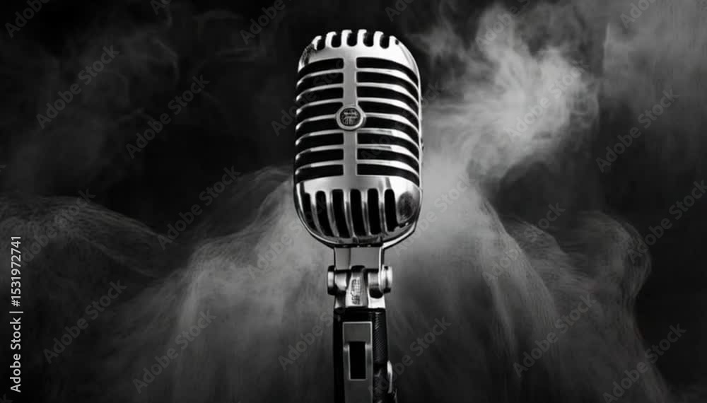 Vintage microphone with dramatic lighting in smoky atmosphere on grungy dark stage black and white retro music concert scene cinematic artistic composition video download