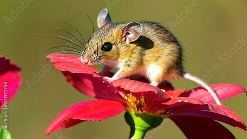 A small mouse perched on a vibrant flower, surrounded by a lush green background, enjoying nature