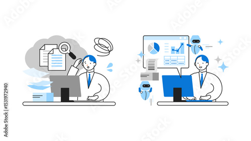 Concept: Problem Solving.  Cartoon character heads of People using AI. Includes face profiles, avatars, and icons. Close-up illustrations of AI Problem Solving.